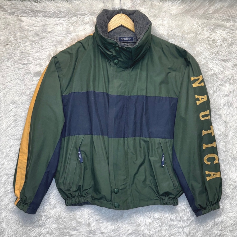 Vintage Nautica Expedition Reversible Bomber Jacket Green Grey Fleece Mens XL